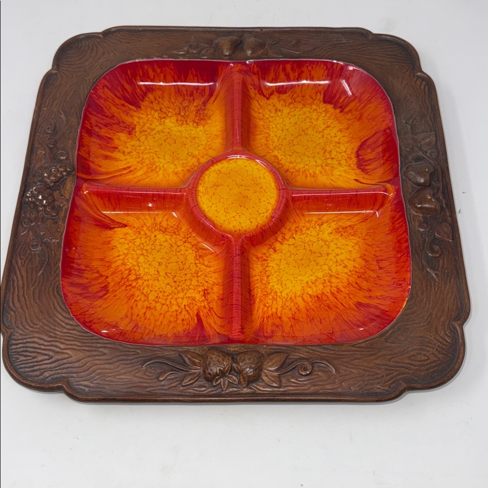 Vintage Treasure Craft Ceramic Relish Tray 70’s wood grain embossed fruit orange